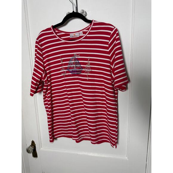 Quacker Factory Red Striped Short Sleeve Sailboat Embellished Sparkle T-shirt L - Picture 2 of 6